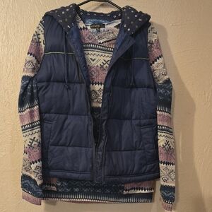 Old Navy Blue Puffer Vest with Patterned Thim Hoody